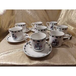 8 GEI Coffee Cups & 7 Saucers Snowman Family Holly Christmas Holiday Dishes Set